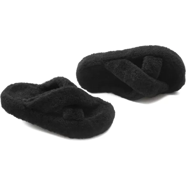 JABASIC Women Cross Band Slippers Orthopedic Slides with Arch Support Faux Fur slides House Slipper Indoor OutdoorBlack