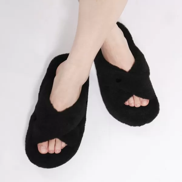 JABASIC Women Cross Band Slippers Orthopedic Slides with Arch Support Faux Fur slides House Slipper Indoor OutdoorBlack