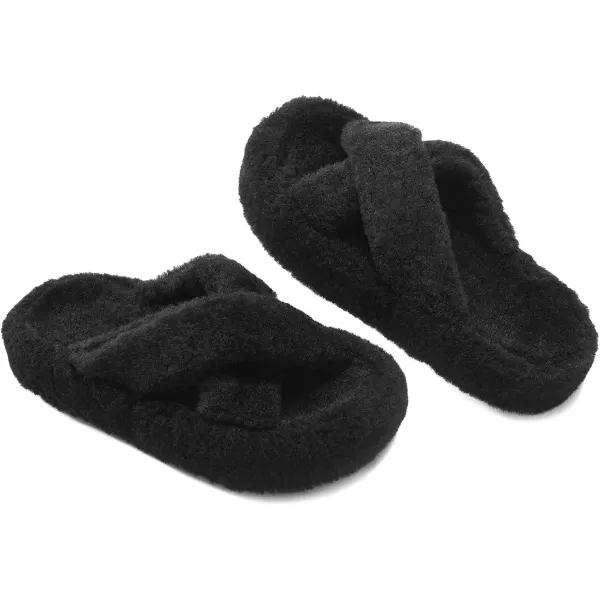 JABASIC Women Cross Band Slippers Orthopedic Slides with Arch Support Faux Fur slides House Slipper Indoor OutdoorBlack