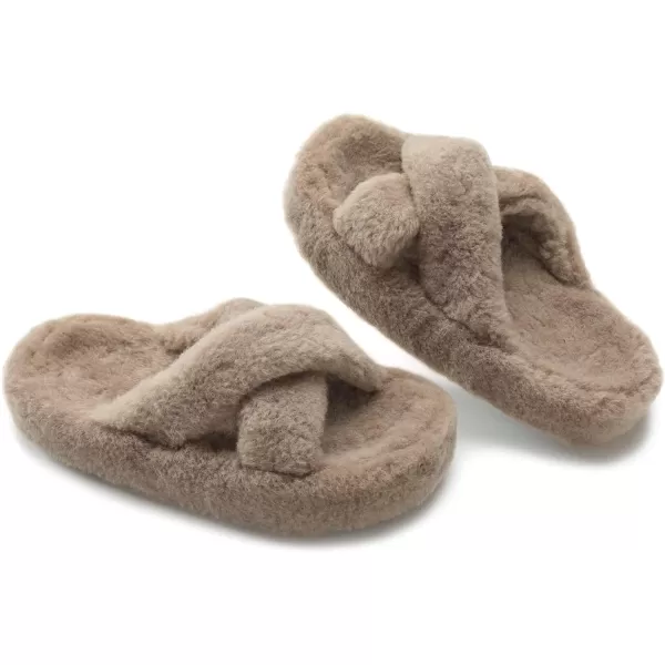 JABASIC Women Cross Band Slippers Orthopedic Slides with Arch Support Faux Fur slides House Slipper Indoor OutdoorKhaki