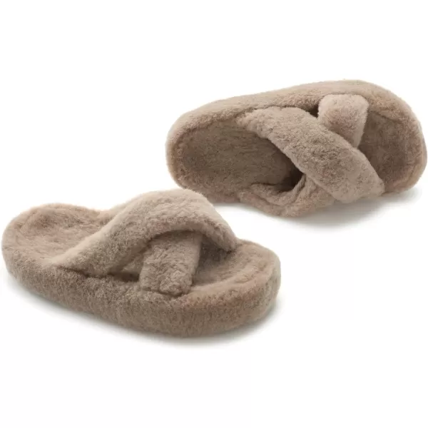 JABASIC Women Cross Band Slippers Orthopedic Slides with Arch Support Faux Fur slides House Slipper Indoor OutdoorKhaki