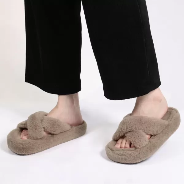 JABASIC Women Cross Band Slippers Orthopedic Slides with Arch Support Faux Fur slides House Slipper Indoor OutdoorKhaki