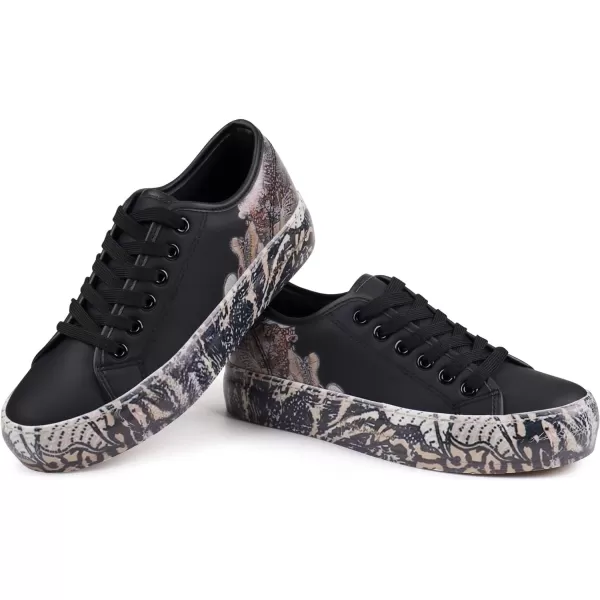 JABASIC Women Fashion Sneakers Floral Print Laceup Casual Walking ShoesBlack