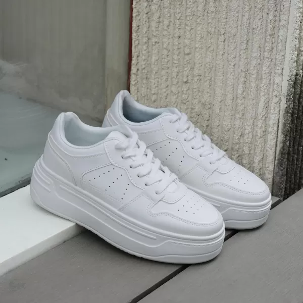 JABASIC Women Platform Sneakers Low Top Lace Up Fashion Walking Shoes White Tennis ShoesWhite