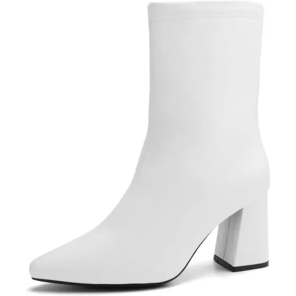 JABASIC Women Ankle Boots Pointed Toe Boots Side Zipper Chunky High Heel BootiesWhite