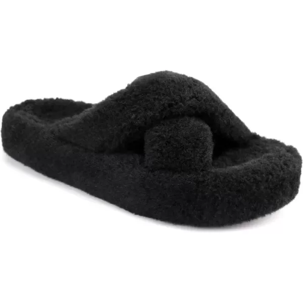 JABASIC Women Cross Band Slippers Orthopedic Slides with Arch Support Faux Fur slides House Slipper Indoor OutdoorBlack