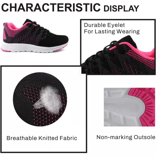 JABASIC Women Casual Breathable Running Sneakers Lightweight Tennis ShoesBlackFuchsia