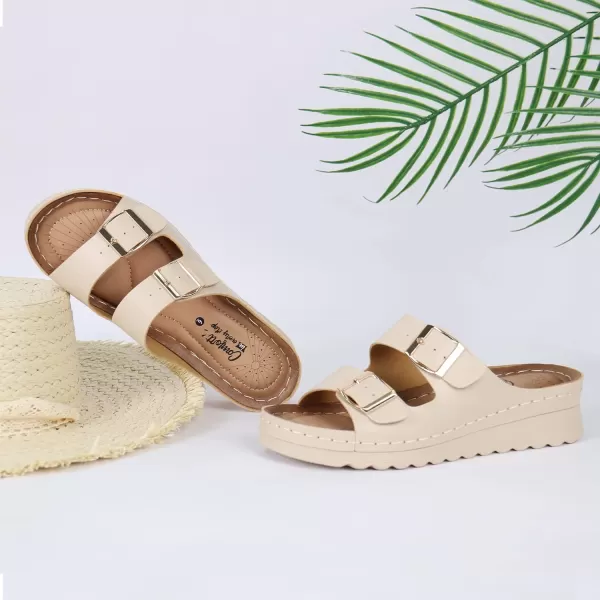 JABASIC Women Comfort Slides Sandals Double Buckle Adjustable Slip On Platform SandalBeige