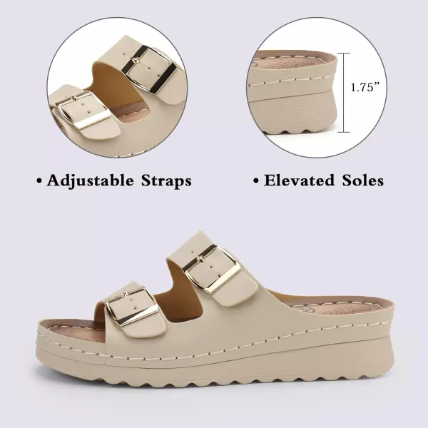 JABASIC Women Comfort Slides Sandals Double Buckle Adjustable Slip On Platform SandalBeige