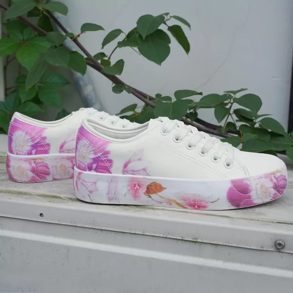 JABASIC Women Fashion Sneakers Floral Print Laceup Casual Walking ShoesWhite