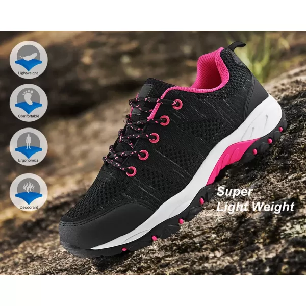 JABASIC Women Hiking Shoes Breathable Mesh Athletic Outdoor SneakersBlackFuchsia