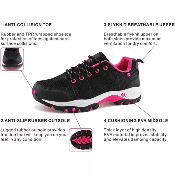 JABASIC Women Hiking Shoes Breathable Mesh Athletic Outdoor SneakersBlackFuchsia