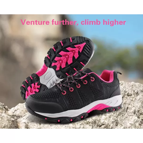 JABASIC Women Hiking Shoes Breathable Mesh Athletic Outdoor SneakersBlackFuchsia