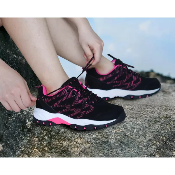 JABASIC Women Hiking Shoes Breathable Mesh Athletic Outdoor SneakersBlackFuchsia1