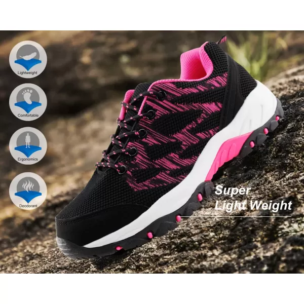 JABASIC Women Hiking Shoes Breathable Mesh Athletic Outdoor SneakersBlackFuchsia1