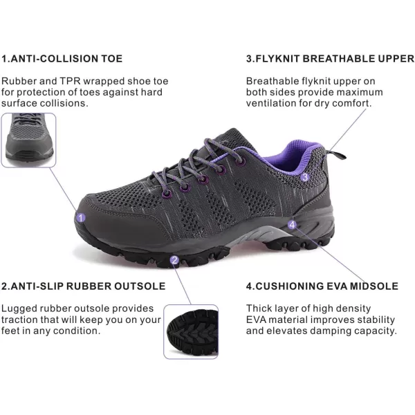 JABASIC Women Hiking Shoes Breathable Mesh Athletic Outdoor SneakersGreyPurple