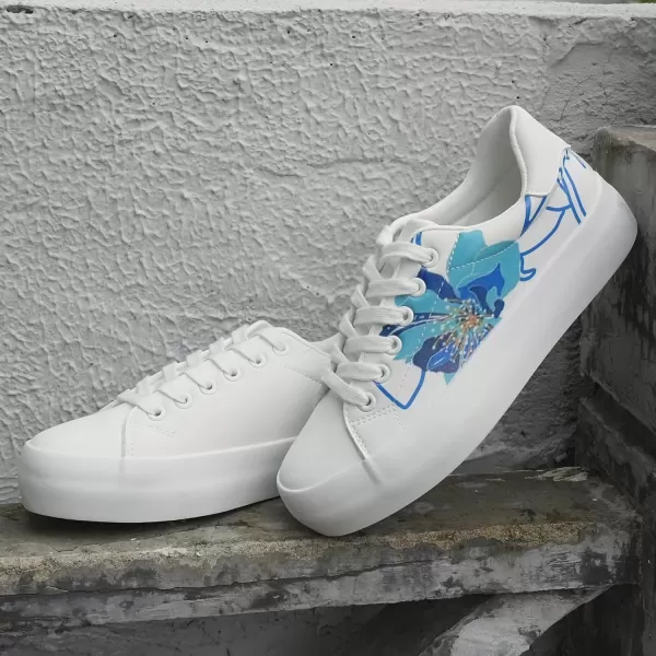 JABASIC Women Platform Sneakers Laceup Floral Print Fashion Walking ShoesWhiteBlue Flower