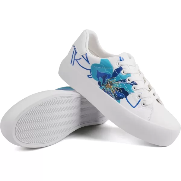 JABASIC Women Platform Sneakers Laceup Floral Print Fashion Walking ShoesWhiteBlue Flower