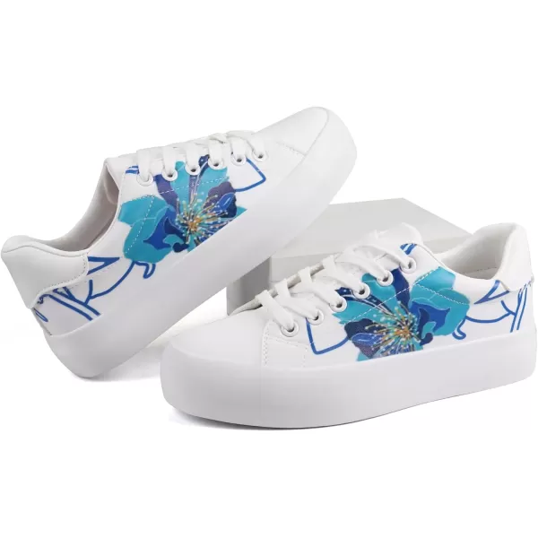 JABASIC Women Platform Sneakers Laceup Floral Print Fashion Walking ShoesWhiteBlue Flower