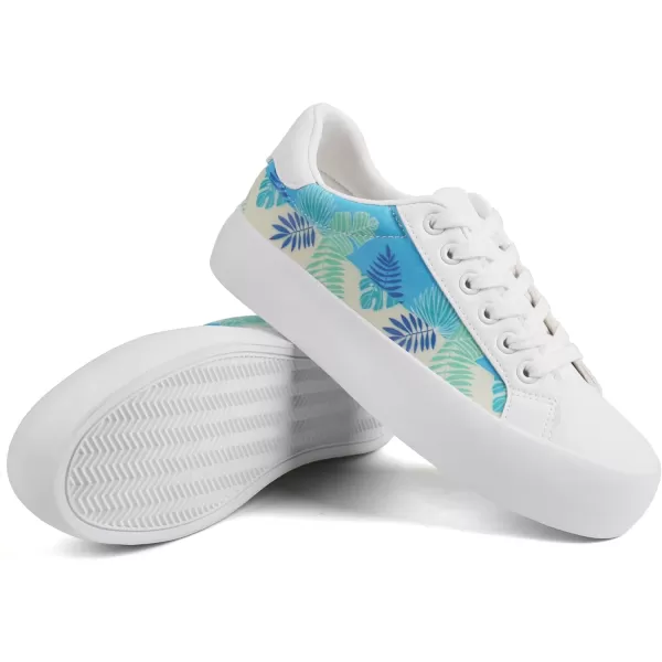 JABASIC Women Platform Sneakers Laceup Floral Print Fashion Walking ShoesWhiteBlue Leaf