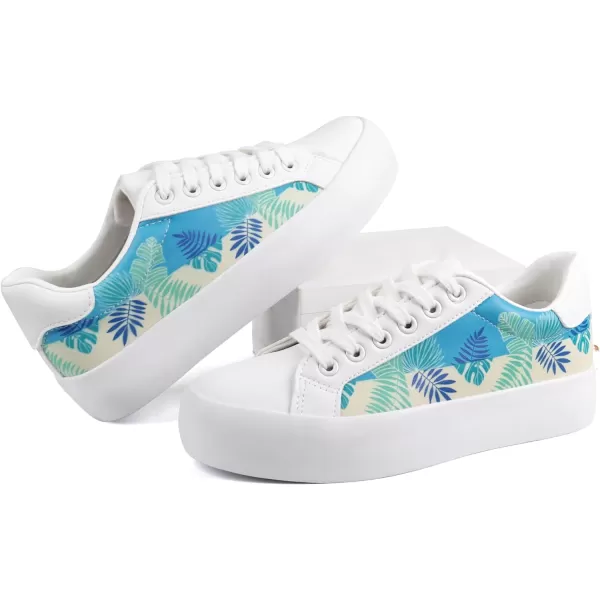 JABASIC Women Platform Sneakers Laceup Floral Print Fashion Walking ShoesWhiteBlue Leaf