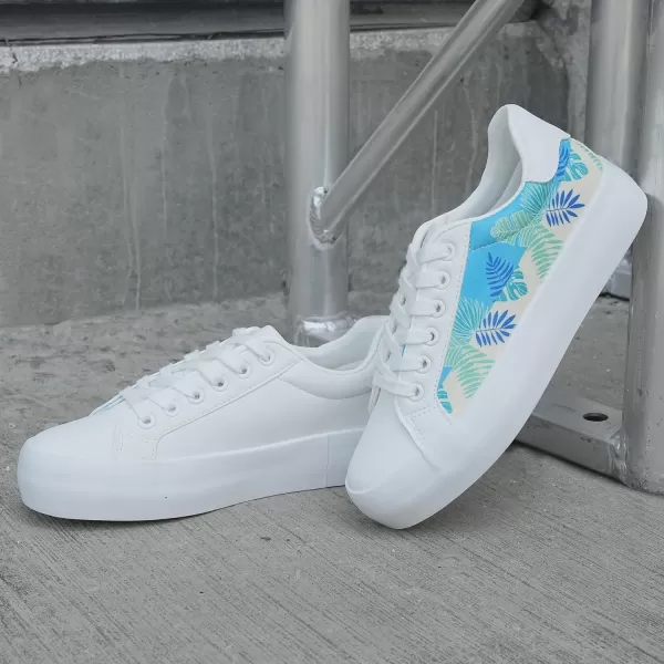 JABASIC Women Platform Sneakers Laceup Floral Print Fashion Walking ShoesWhiteBlue Leaf