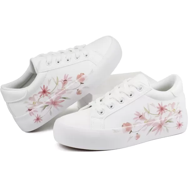 JABASIC Women Platform Sneakers Laceup Floral Print Fashion Walking ShoesWhiteFlower