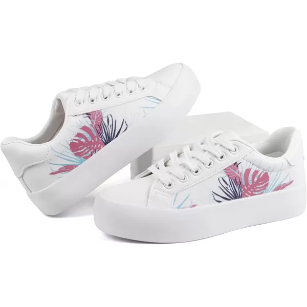 JABASIC Women Platform Sneakers Laceup Floral Print Fashion Walking ShoesWhitePink