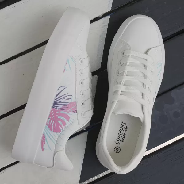 JABASIC Women Platform Sneakers Laceup Floral Print Fashion Walking ShoesWhitePink