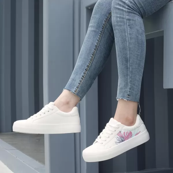 JABASIC Women Platform Sneakers Laceup Floral Print Fashion Walking ShoesWhitePink
