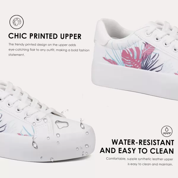 JABASIC Women Platform Sneakers Laceup Floral Print Fashion Walking ShoesWhitePink