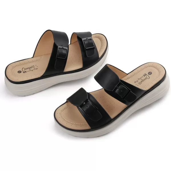 JABASIC Women Slide Sandals Comfortable Adjustable Double Buckle Platform SandalNew Black