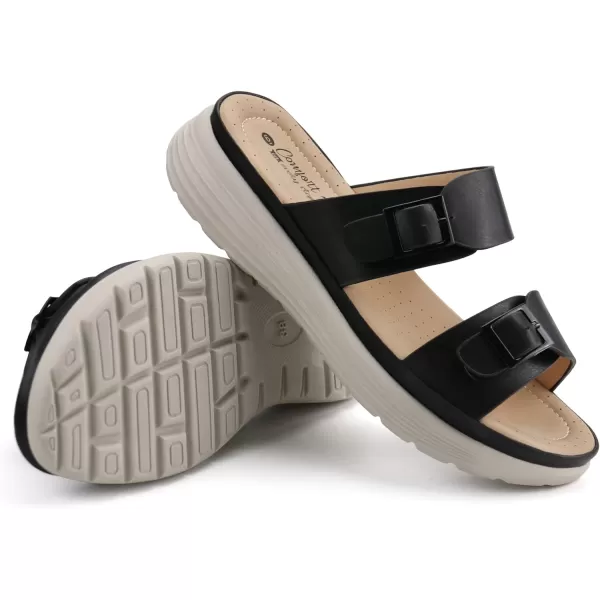 JABASIC Women Slide Sandals Comfortable Adjustable Double Buckle Platform SandalNew Black