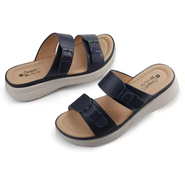 JABASIC Women Slide Sandals Comfortable Adjustable Double Buckle Platform SandalNew Navy