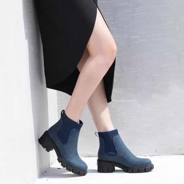 JABASIC Womens Chunky Ankle Boots Slip on Chelsea Boots Elastic BootiesNavy