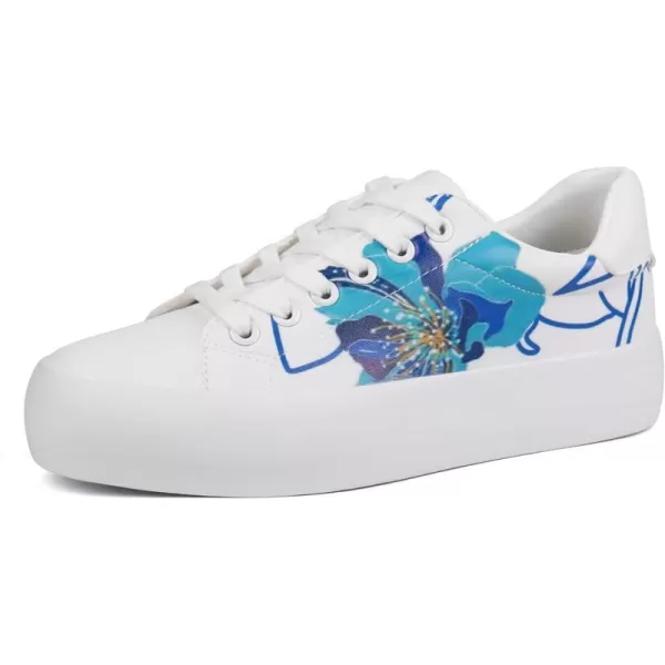 JABASIC Women Platform Sneakers Laceup Floral Print Fashion Walking ShoesWhiteBlue Flower