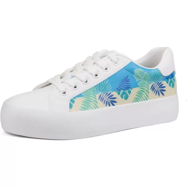 JABASIC Women Platform Sneakers Laceup Floral Print Fashion Walking ShoesWhiteBlue Leaf