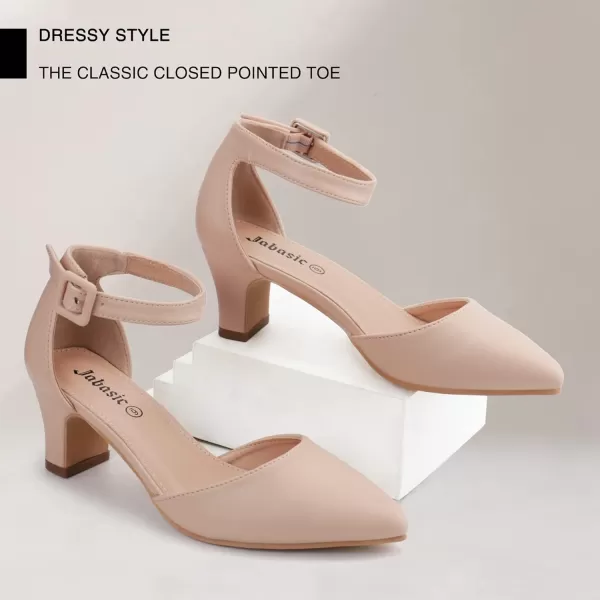 JABASIC Women Pointed Toe Low Chunky Heels Pump Shoes Closed Toe Ankle Strap Heeled SandalsNude