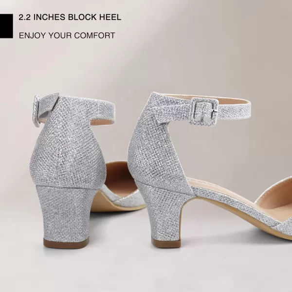 JABASIC Women Pointed Toe Low Chunky Heels Pump Shoes Closed Toe Ankle Strap Heeled SandalsSilver