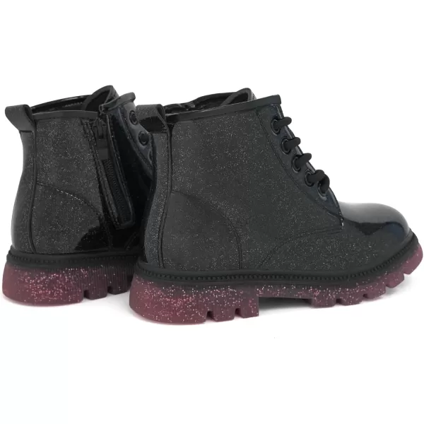 JABASIC Girls Ankle Boots Kids Laceup Glittery Combat Work BootBlack Glittery