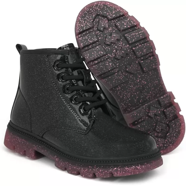 JABASIC Girls Ankle Boots Kids Laceup Glittery Combat Work BootBlack Glittery