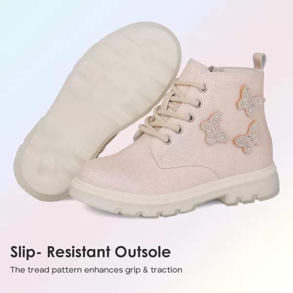JABASIC Girls Glittery Ankle Boots Kids Lace Up Combat Boots with Side ZipperBeige