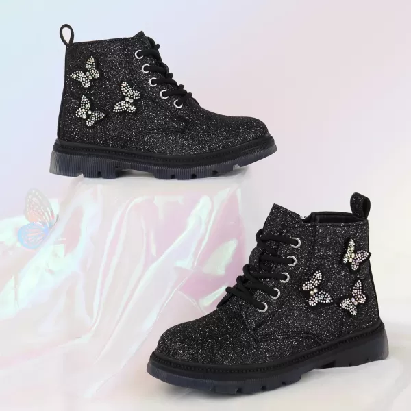 JABASIC Girls Glittery Ankle Boots Kids Lace Up Combat Boots with Side ZipperBlack