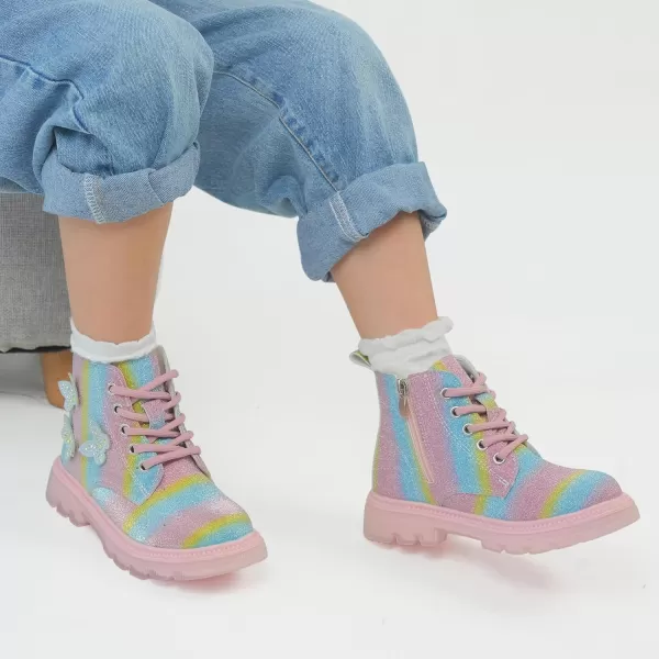 JABASIC Girls Glittery Ankle Boots Kids Lace Up Combat Boots with Side ZipperRainbow