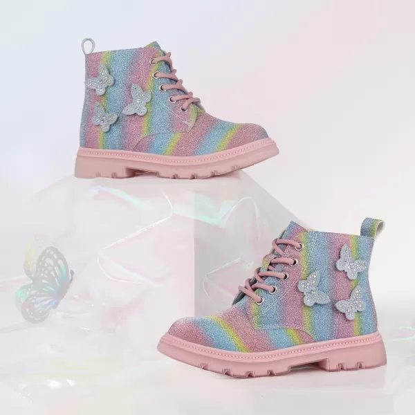 JABASIC Girls Glittery Ankle Boots Kids Lace Up Combat Boots with Side ZipperRainbow