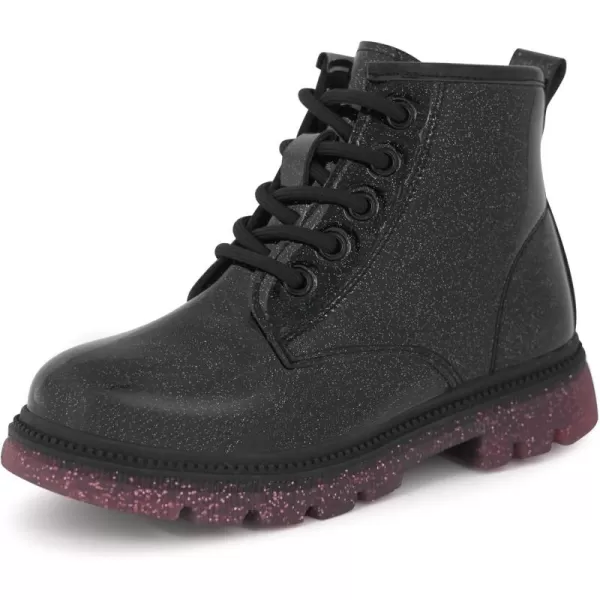 JABASIC Girls Ankle Boots Kids Laceup Glittery Combat Work BootBlack Glittery