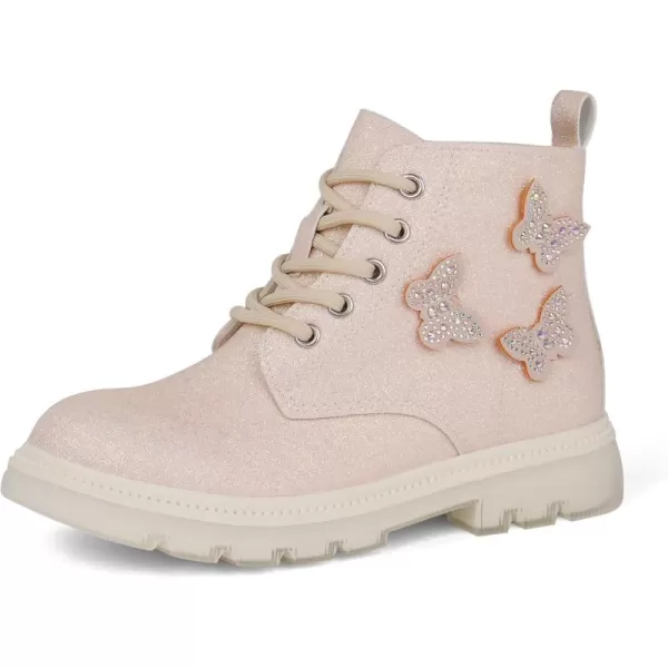 JABASIC Girls Glittery Ankle Boots Kids Lace Up Combat Boots with Side ZipperBeige