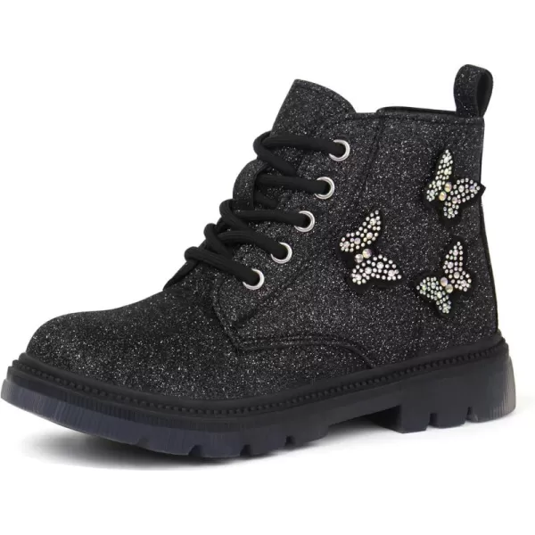 JABASIC Girls Glittery Ankle Boots Kids Lace Up Combat Boots with Side ZipperBlack