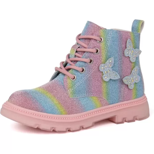 JABASIC Girls Glittery Ankle Boots Kids Lace Up Combat Boots with Side ZipperRainbow