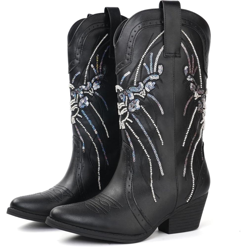 GLOBALWIN Women's Western Cowboy Boots - Mid Calf With Floral Embroidery